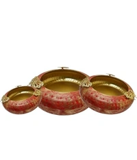  Handmade Designer Red color Bowl Set Urli For Flower  Fotting  - Red, Metal, Pack of 3